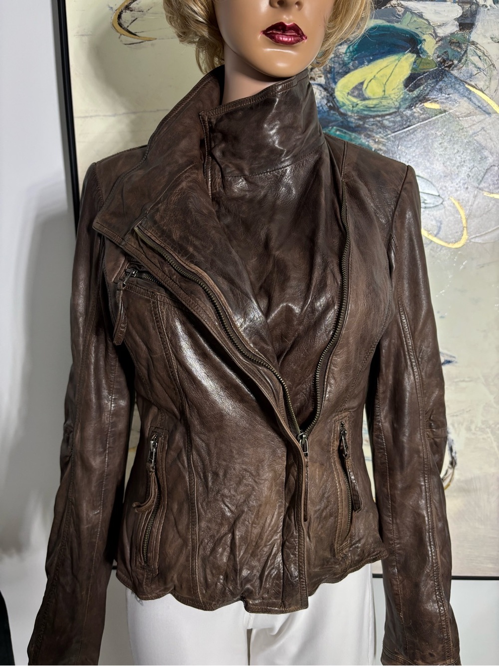 Danier Brown Asymmetrical Leather Moto Jacket - Picture 9 of 16